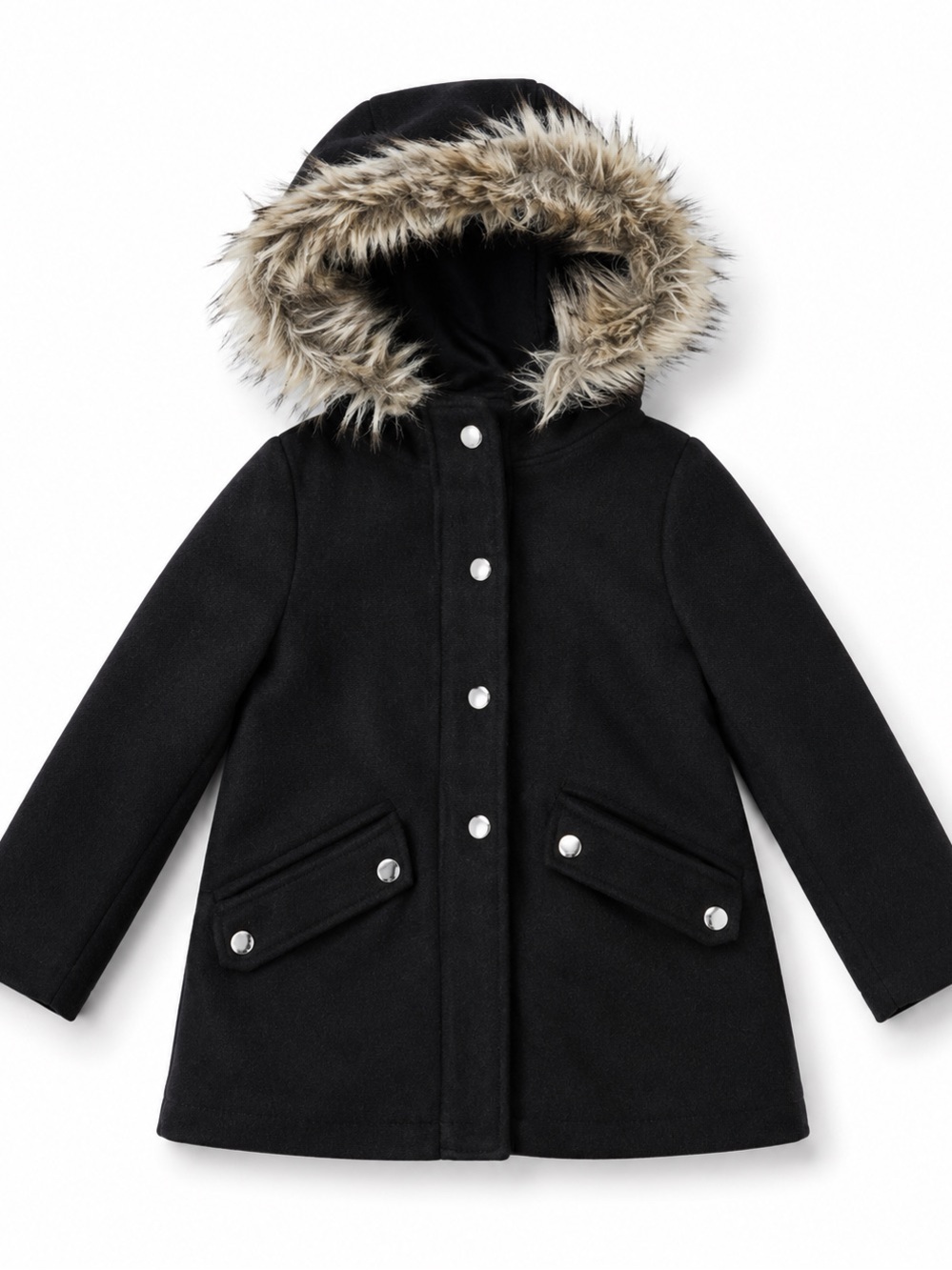 Zara Girls Black Hooded Coat Faux Fur Trim Snap Front Pockets Winter Jacket
